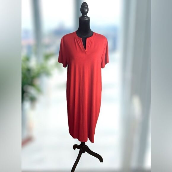 EILEEN FISHER Viscose Jersey Split Neck Dress Mandarin Size M - Picture 10 of 16